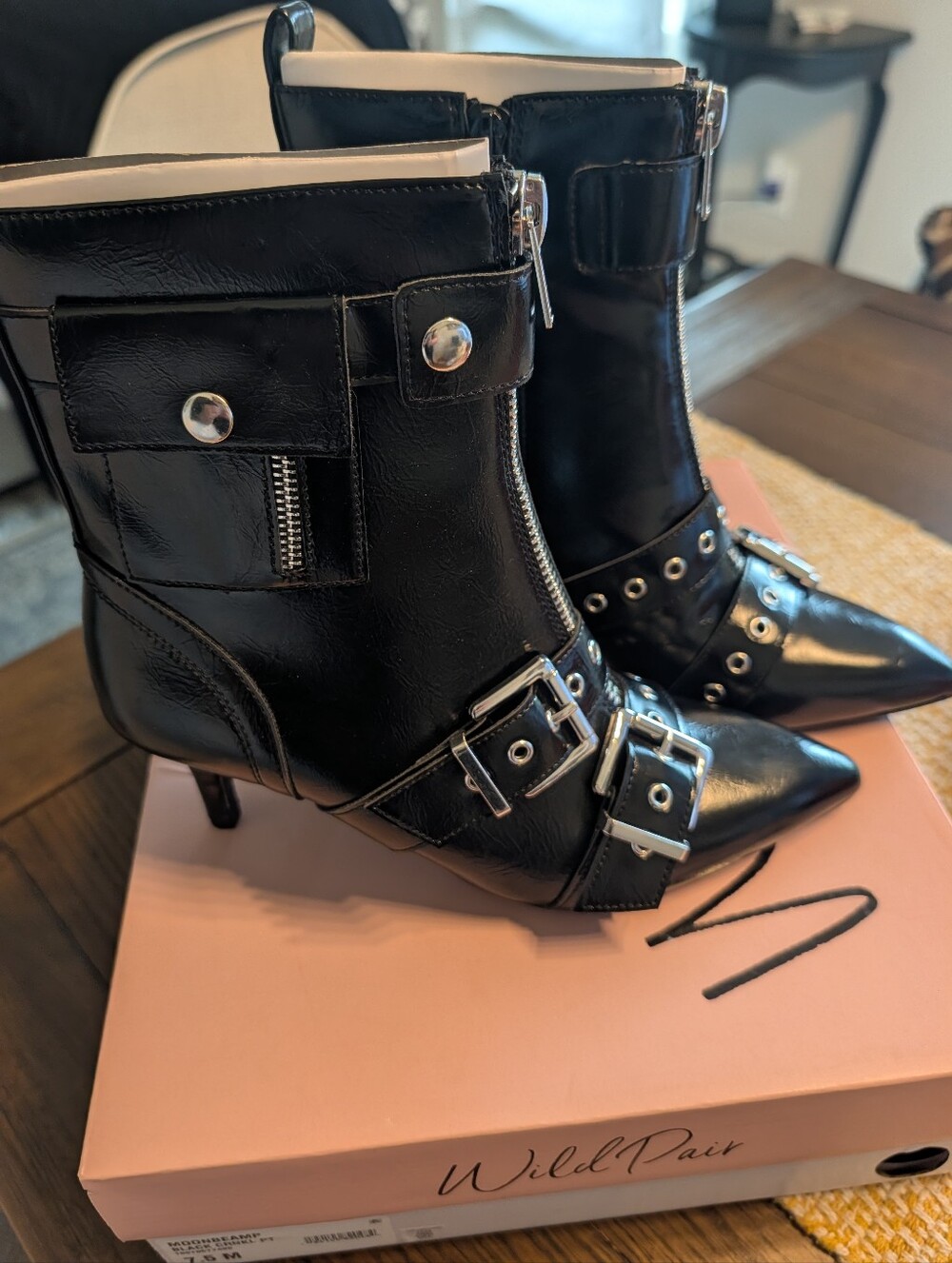 Wild Pair Black Patent Pointed Buckle & Zip Ankle Boots - Picture 4 of 6